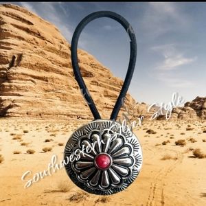 NEW Southwestern Silver Concho Mediterranean Red Stone Elastic Band Hair Tie (B)